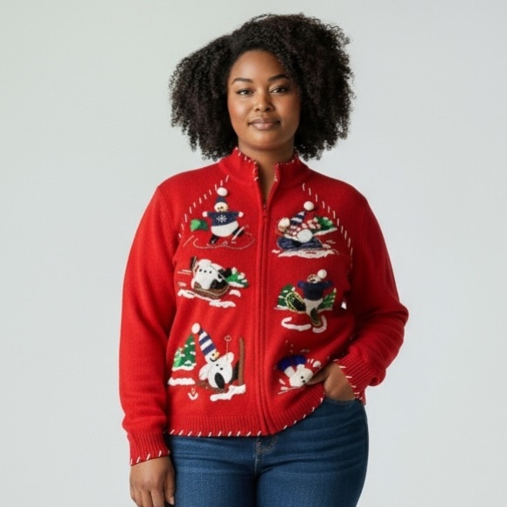 Vintage 2003 Tierra International Snowman Winter Zip Up Cardigan​​​​